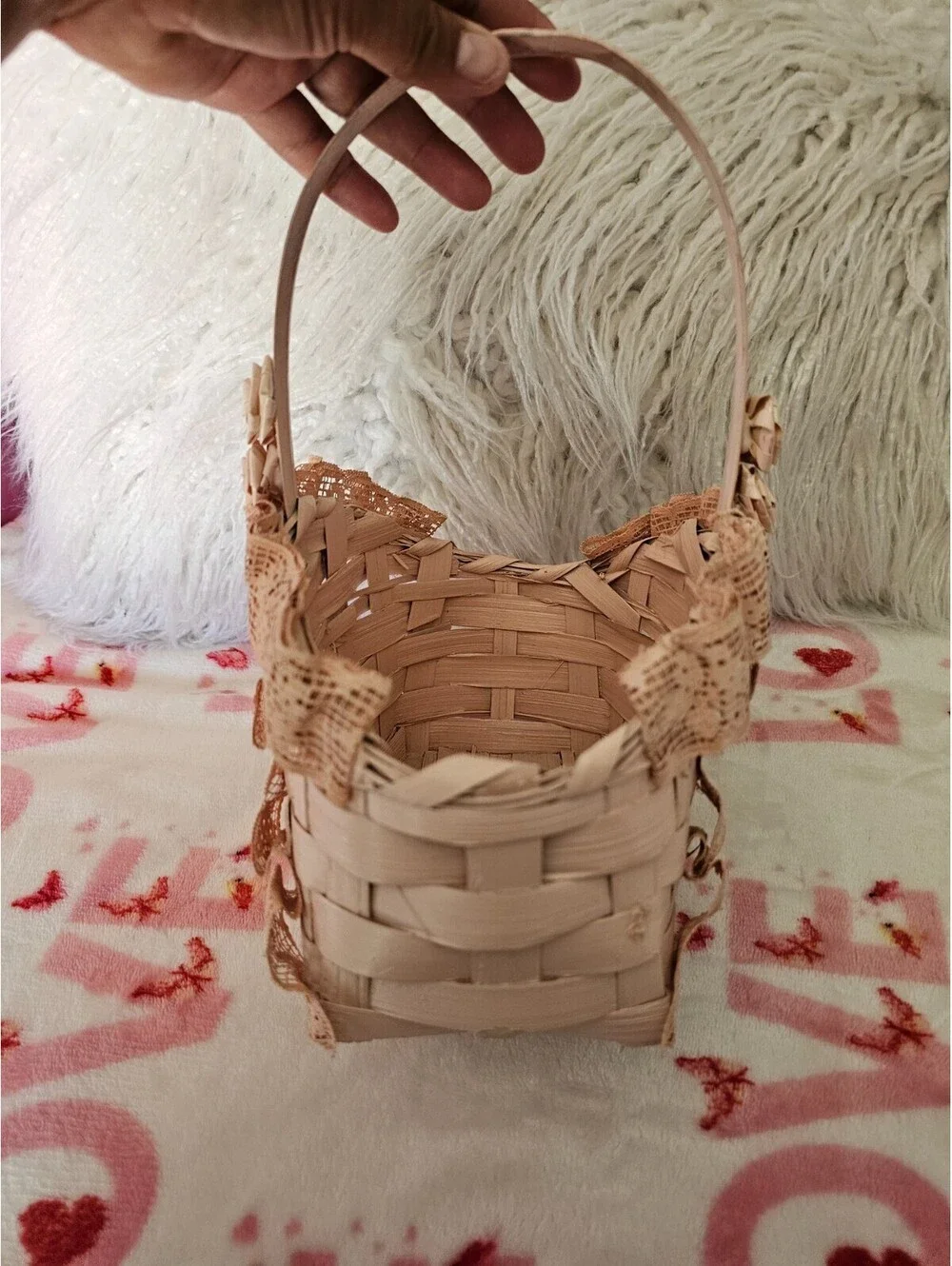 Vintage Hand-Woven Painted Basket Lace Pink 11X7.5 Philippines Floral Decor